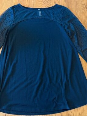 Emerald Navy Long Sleeve Top with Sheer Leopard-Print Sleeves